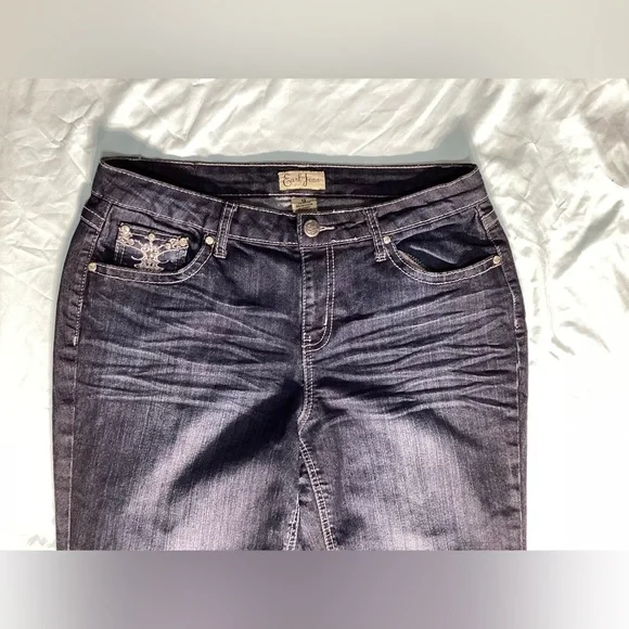 Earl Jean Rhinestone Straight Leg Mid Rise Dark Wash Jeans Size 12 - Picture 2 of 10